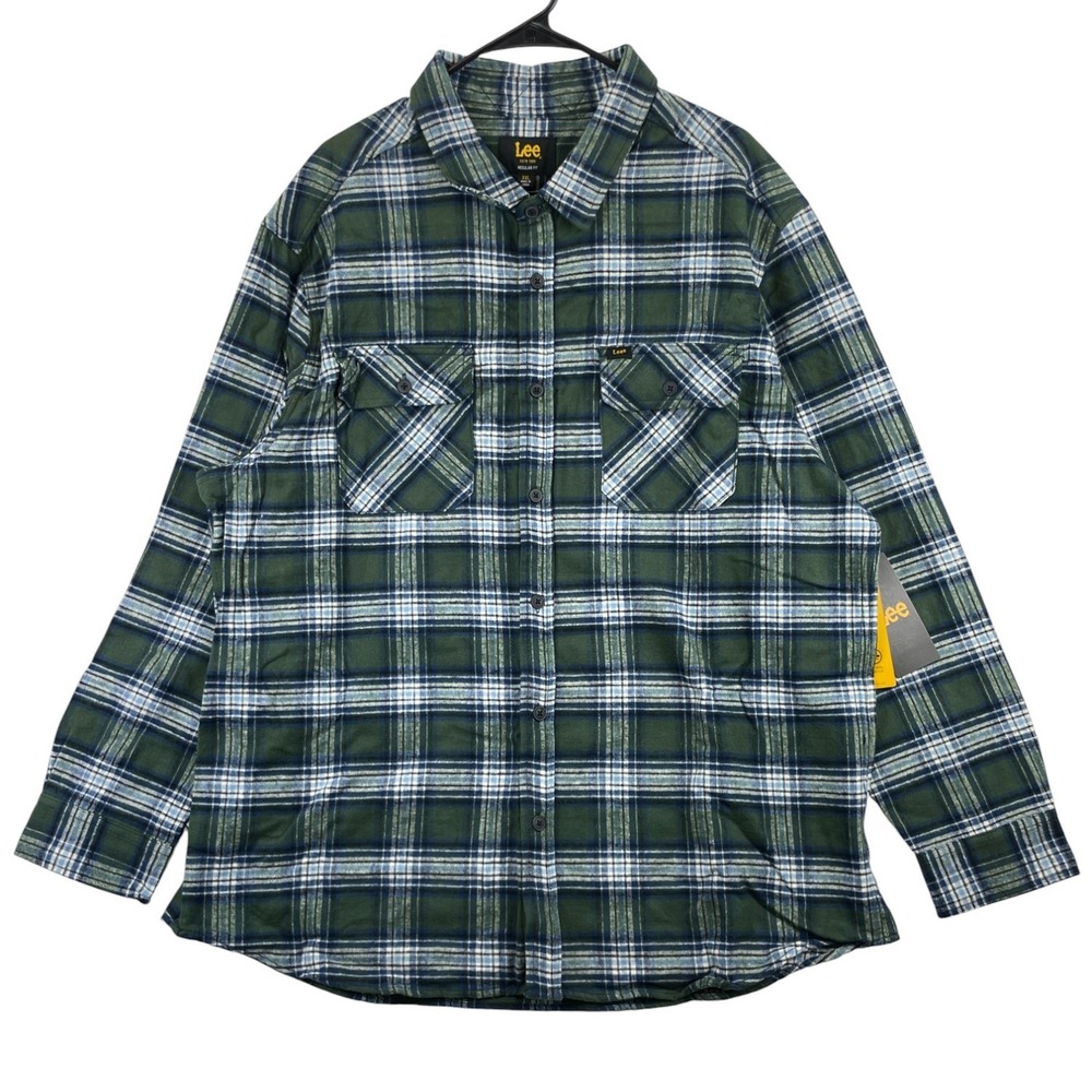 Lee Flannel‎ Shirt Men's XXL Green Blue Plaid Long Sleeve Regular Fit Casual